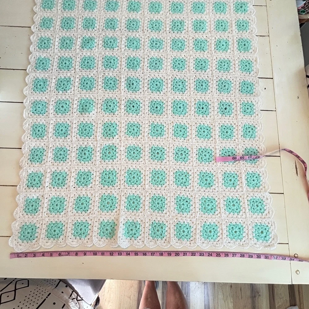 Granny Square Crochet Blanket Afghan White Blue/Green 32X40.5in Handmade